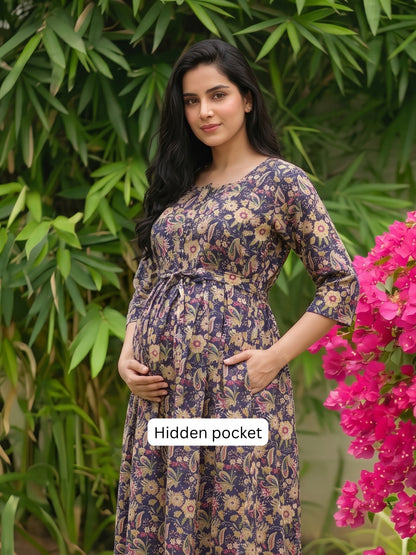 Gulmohar - Blue - Maternity Dress with Feeding Zips - Pure Cotton