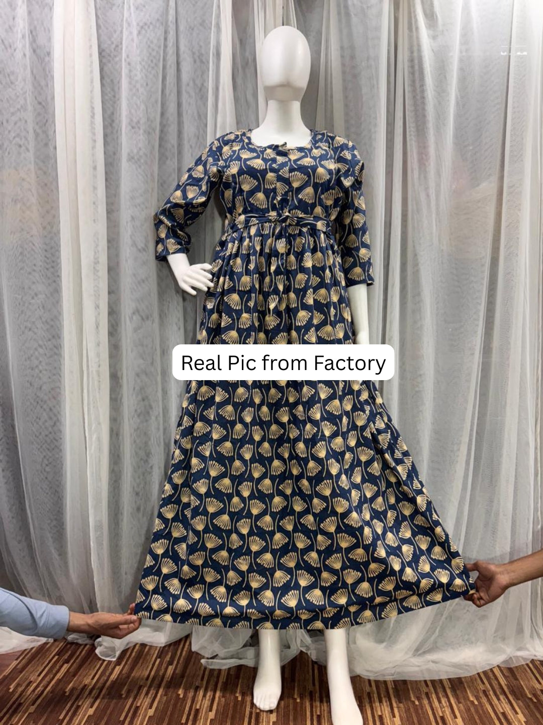 Senna Flower - Blue - Maternity Kurti with Feeding Zips - Cotton Flex - Thicker Fabric