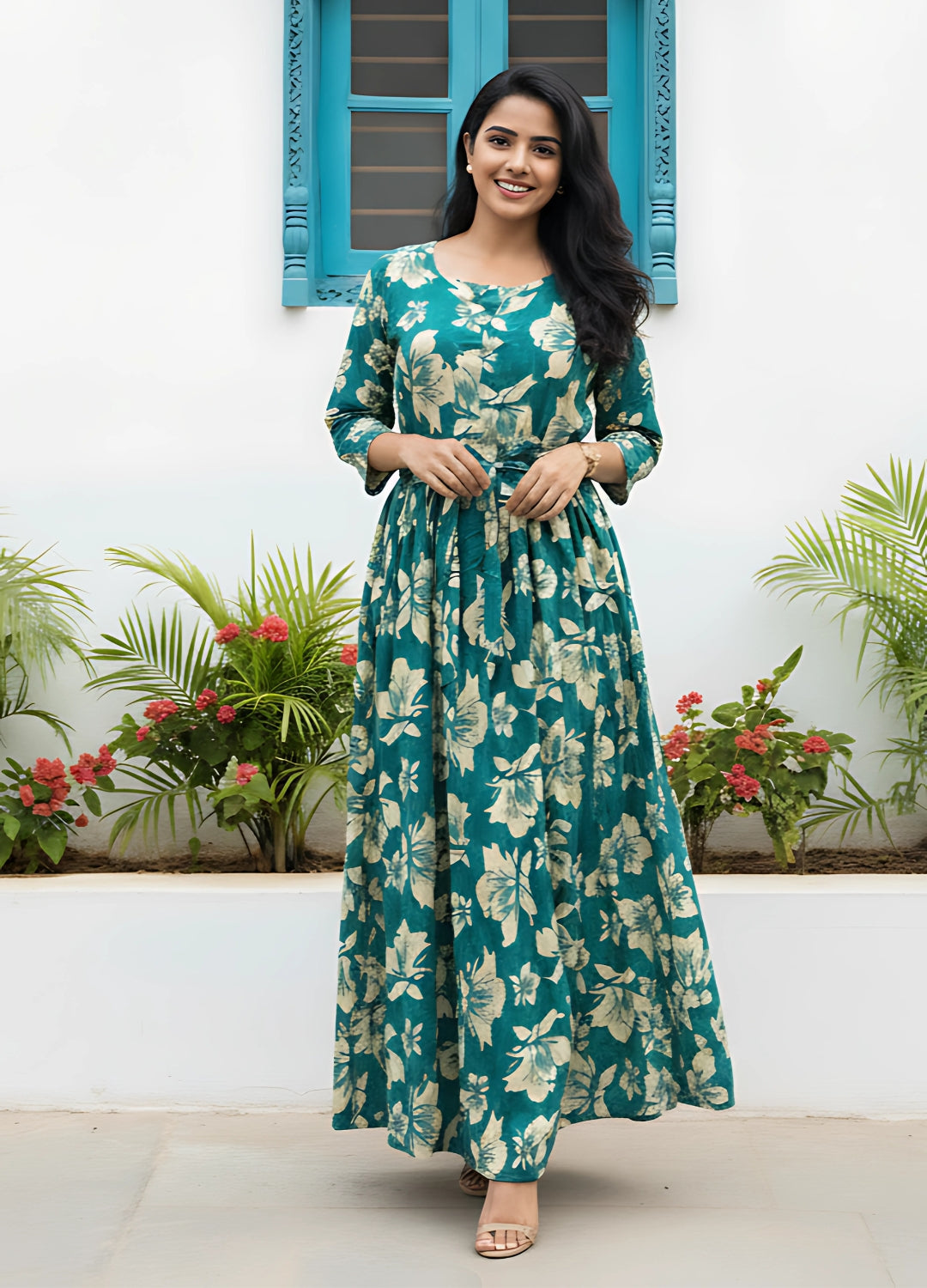 Tropical - Sea Green - Maternity Kurti with Feeding Zips - Soft Rayon