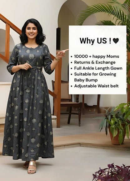 Grey White Flower - Maternity Kurti with Feeding Zips - Soft Rayon