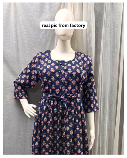 Blue Pink Flower - Maternity Kurti with Feeding Zips - Soft Rayon