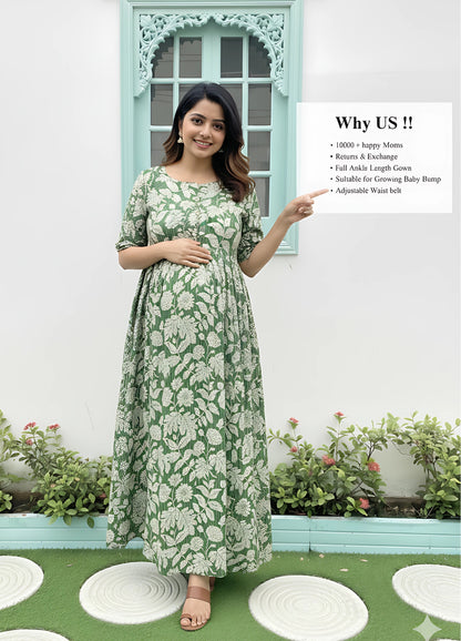 Leafy Stripes - Green - Maternity Kurti with Feeding Zips - Soft Rayon
