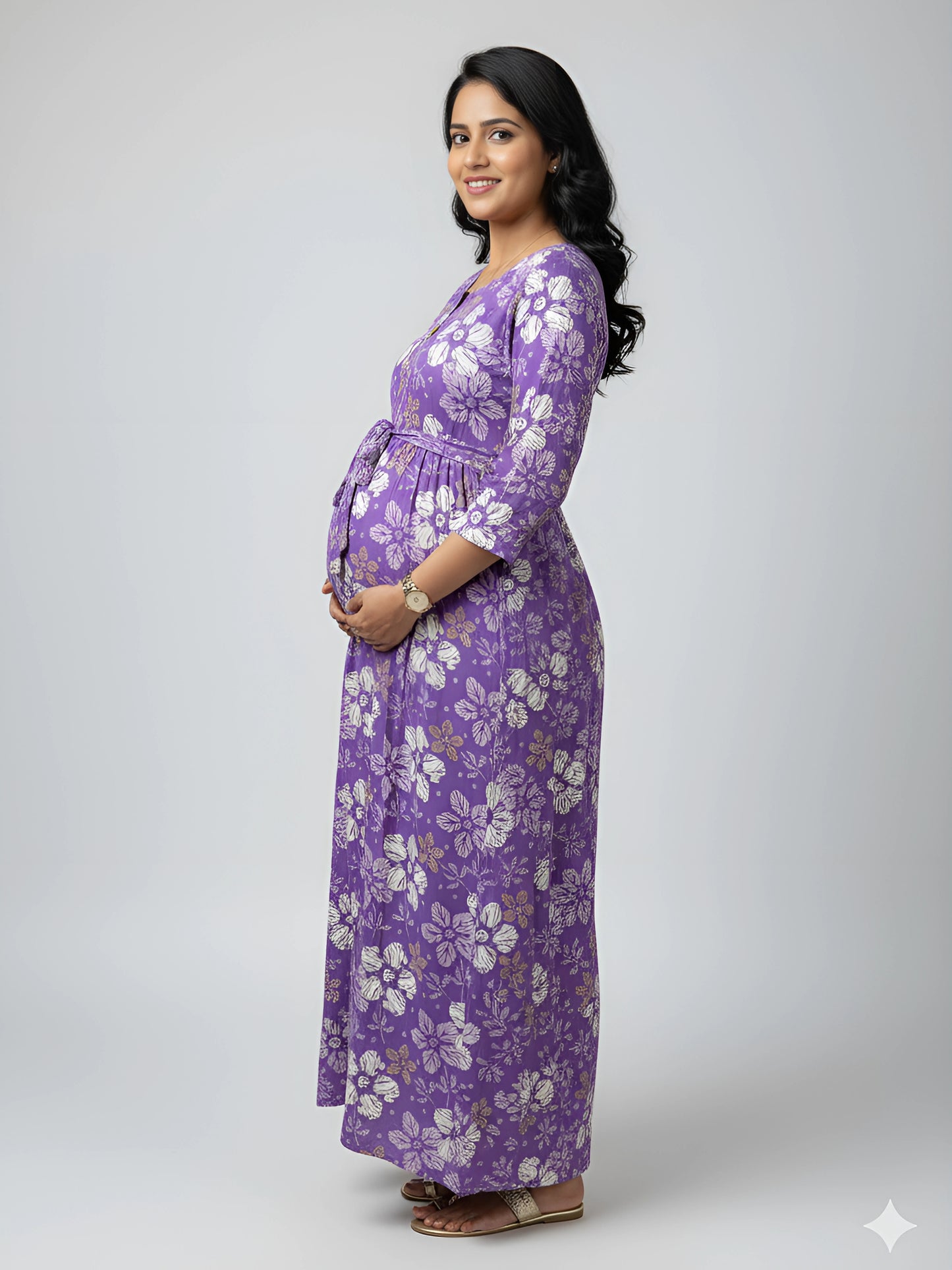Purple Daisies - Maternity Kurti with Feeding Zips - Soft Rayon