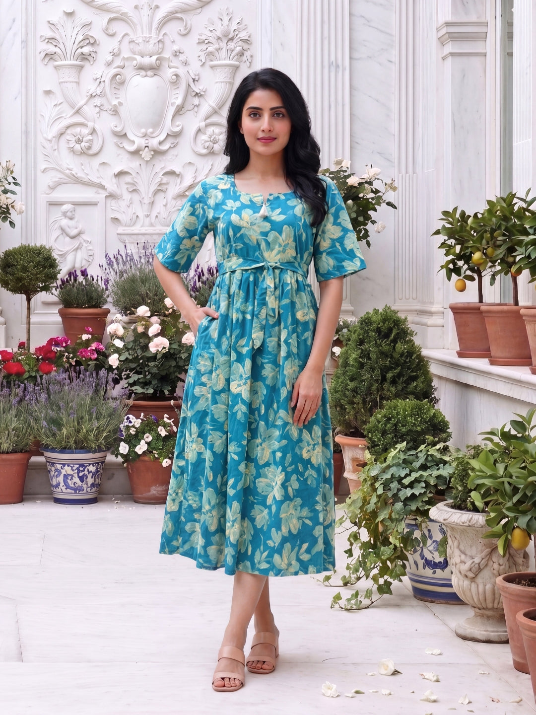 Jasmine Firozi - Short Sleeves Midi Dress -  Pure Cotton