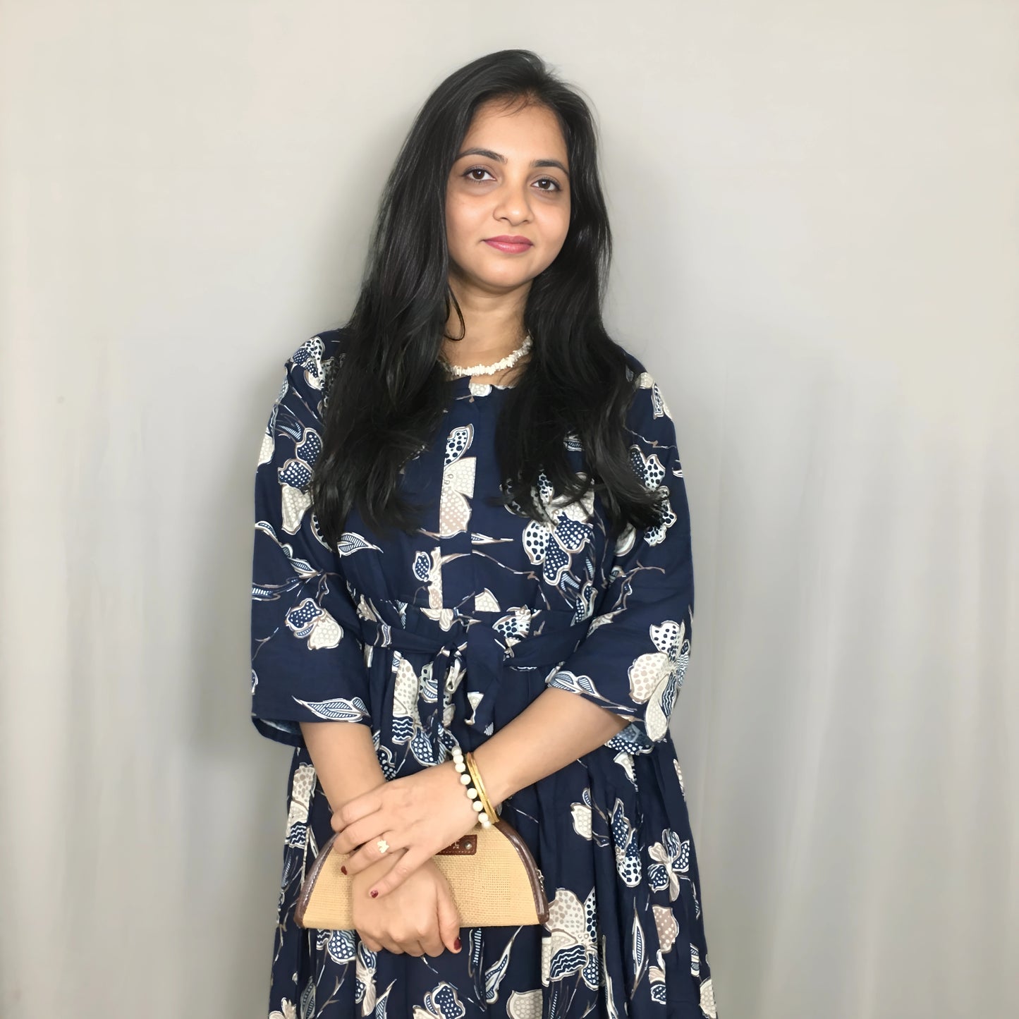 Flower & Leafs - Navy Blue - Maternity Kurti with Feeding Zips - Cotton Flex - Thicker Fabric