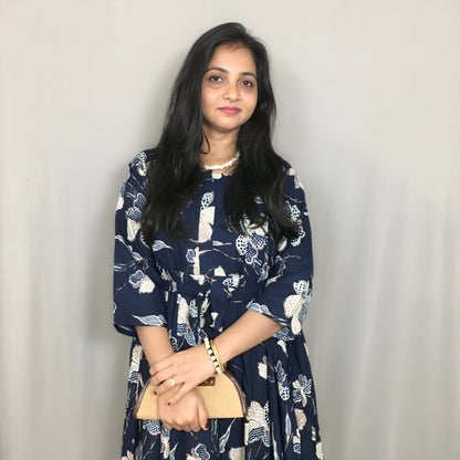 Flower & Leafs - Navy Blue - Maternity Kurti with Feeding Zips - Cotton Flex - Thicker Fabric