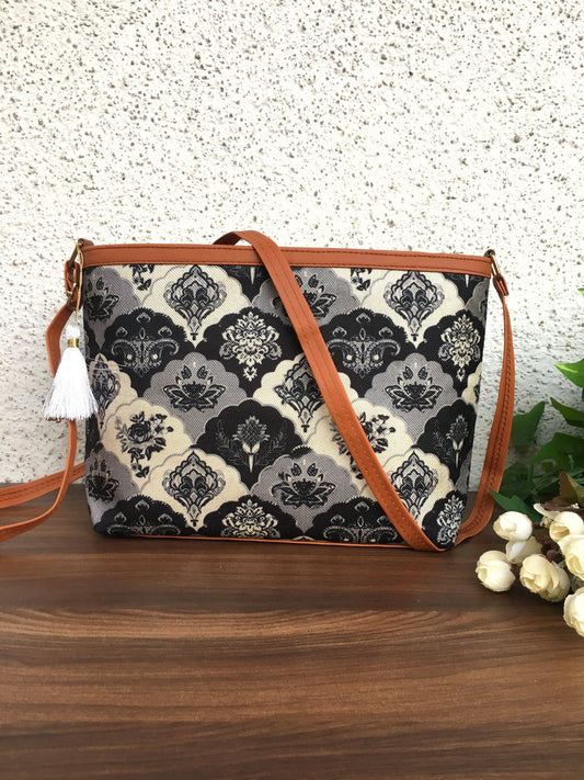 Minsk - 3 zip- Big size - Sling Bag - Royal Flower Black and White