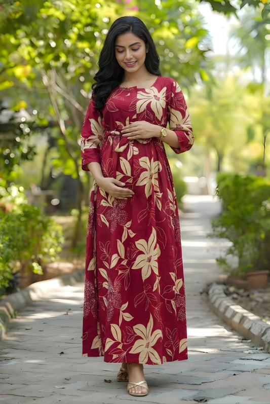 Lily Flower Pink - Maternity Kurti with Feeding Zips - Cotton Flex - Thicker Fabric