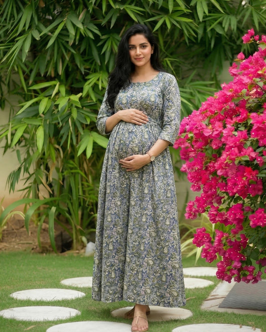 Green Blue Forrest - Maternity Kurti with Feeding Zips - Cotton Flex - Thicker Fabric