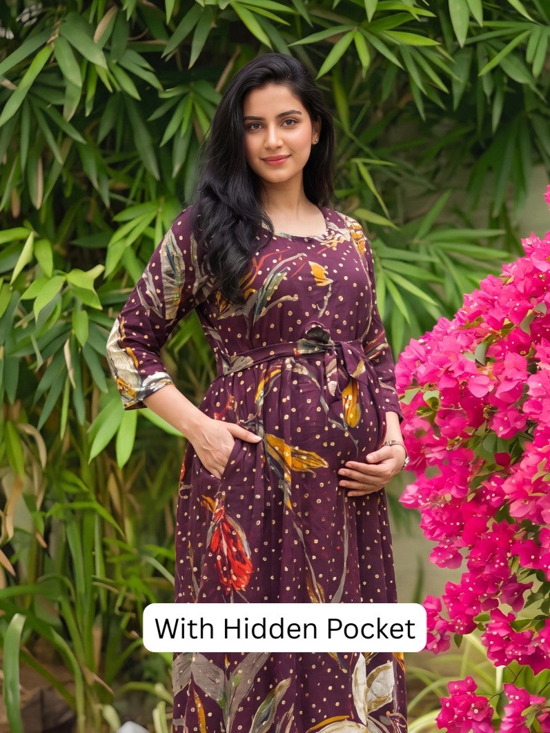 Nerium Flower - Purple - Maternity Kurti with Feeding Zips - Soft Rayon