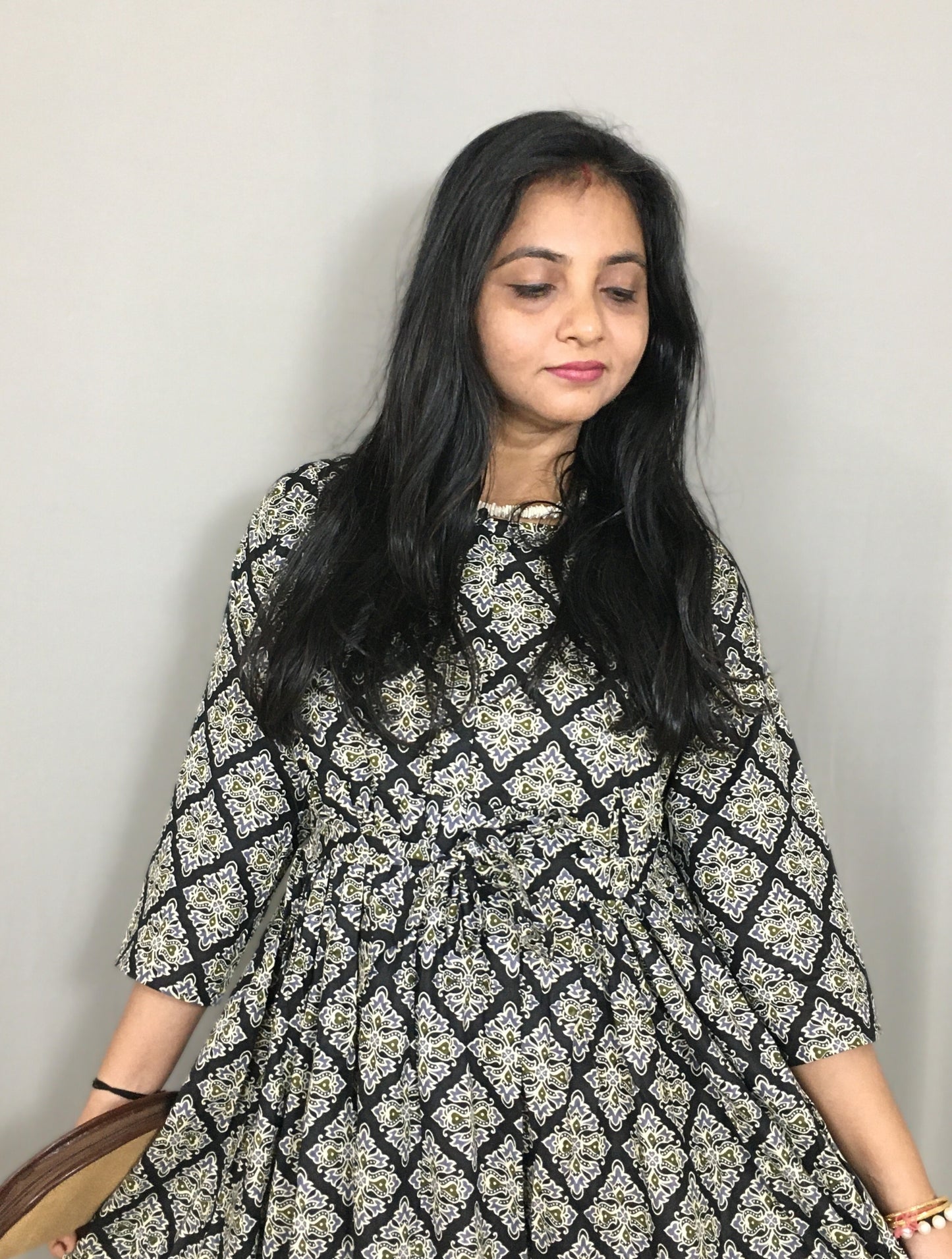 Black Dessert Flower - Maternity Kurti with Feeding Zips - Cotton Flex - Thicker Fabric
