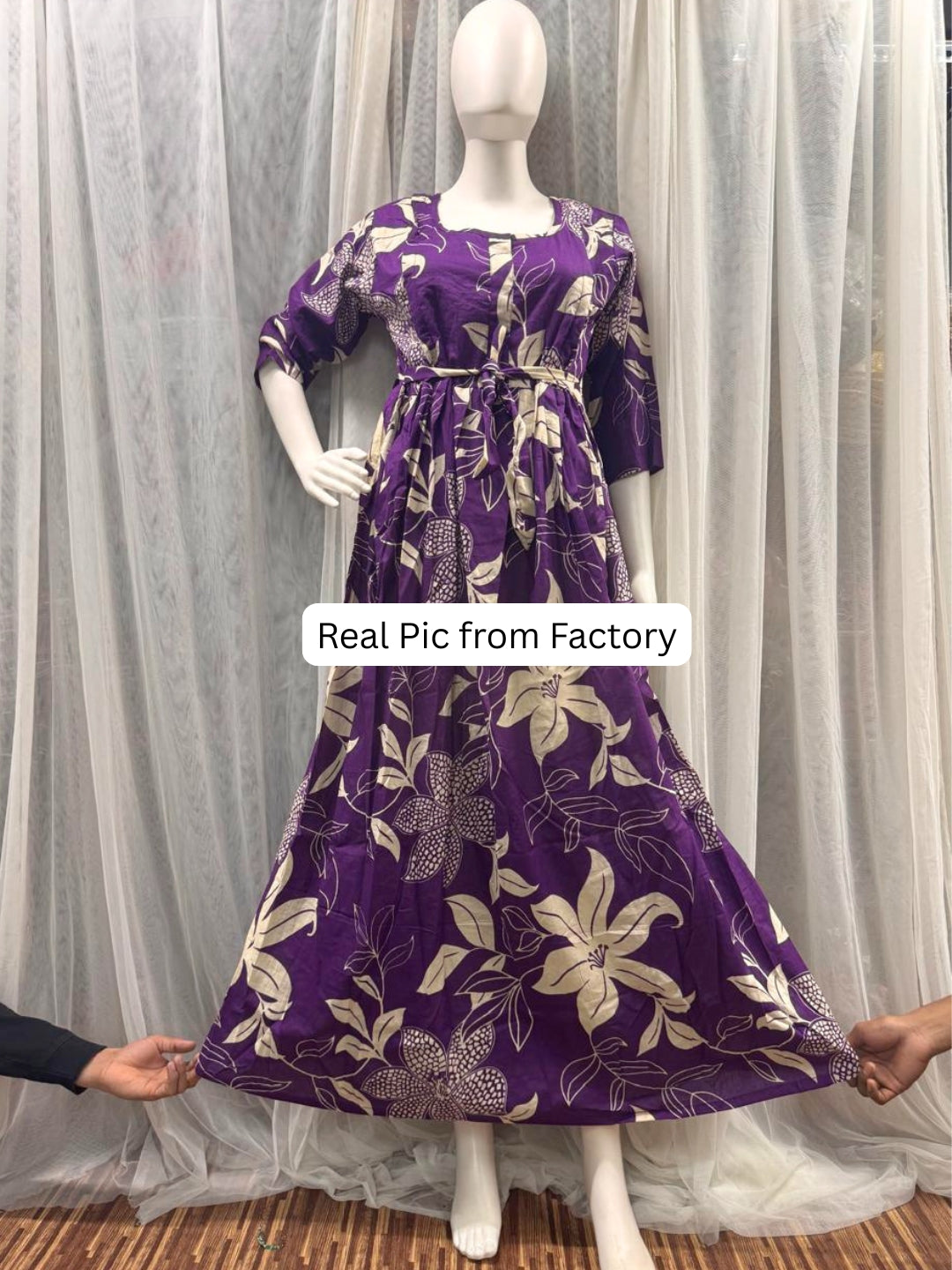 Lily flower Purple - Maternity Kurti with Feeding Zips - Cotton Flex - Thicker Fabric
