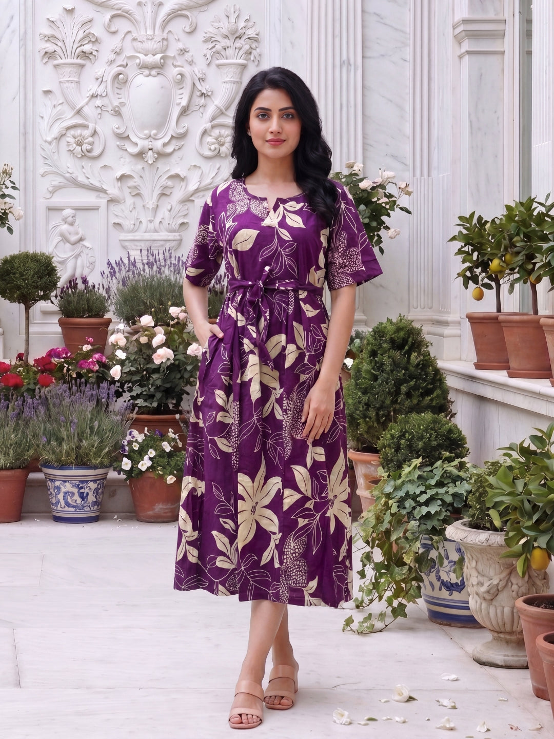 Lily Flower Purple - Short Sleeves Midi Dress -  Pure Cotton