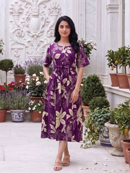 Lily Flower Purple - Short Sleeves Midi Dress -  Pure Cotton