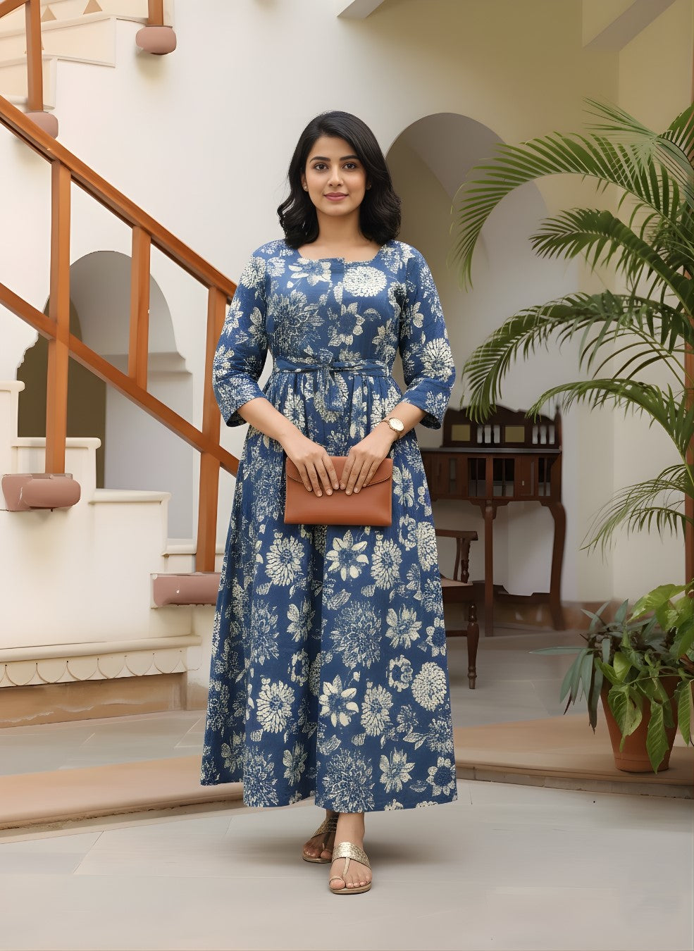 Marigold Blue - Maternity Kurti with Feeding Zips - Cotton Flex - Thicker Fabric