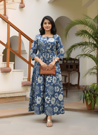 Marigold Blue - Maternity Kurti with Feeding Zips - Cotton Flex - Thicker Fabric