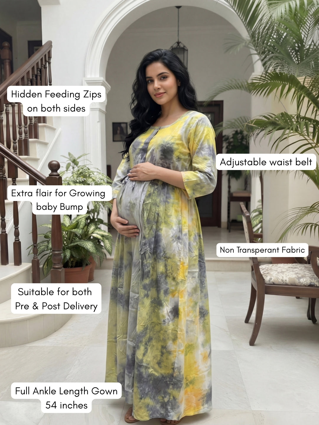 Tye Dye - Grey Green - Maternity Kurti with Feeding Zips - Soft Rayon