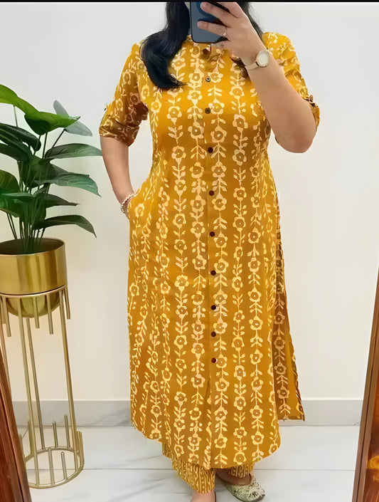 Knee Length - Yellow Cream Flower - Cord Sets - Pure Cotton