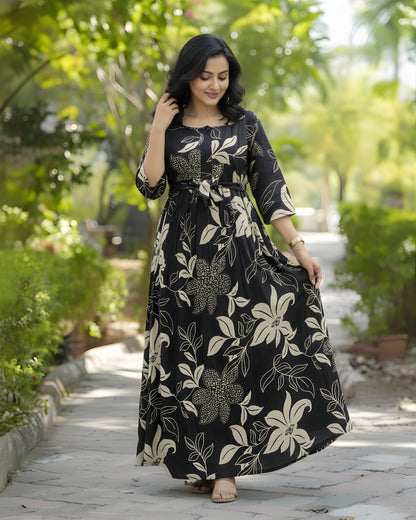Lily Flower Black - Maternity Kurti with Feeding Zips - Cotton Flex - Thicker Fabric