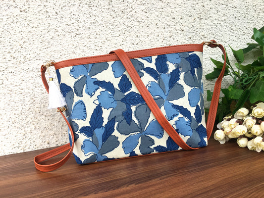 Minsk - 3 zip- Big size - Sling Bag - Flower & Leafs - Dark Blue