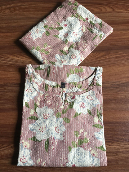Katha work - Classy Flowers - Peach - Cord Set - Pure Cotton