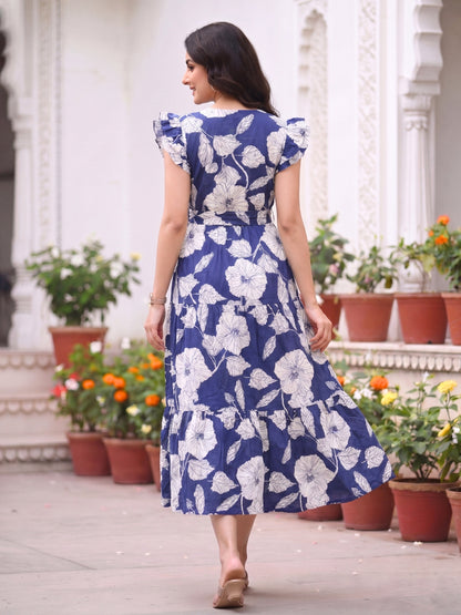Hibiscus Blue - Sleevless Midi Dress - Soft Rayon