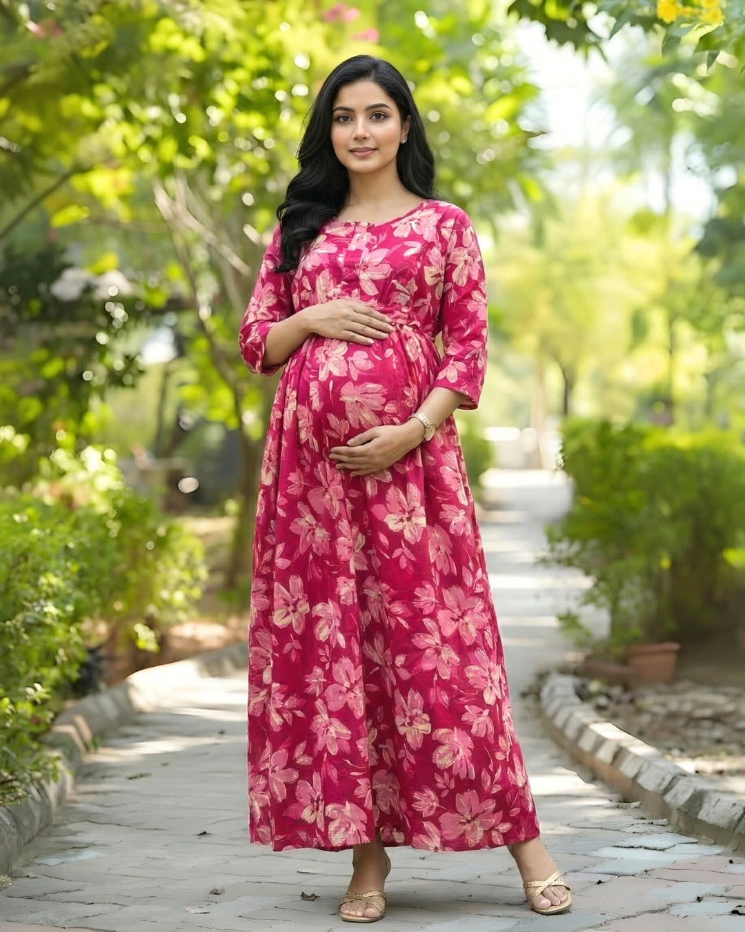 Jasmine White Pink - Maternity Kurti with Feeding Zips - Cambric Cotton