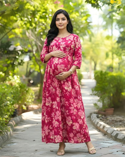 Jasmine White Pink - Maternity Kurti with Feeding Zips - Cambric Cotton