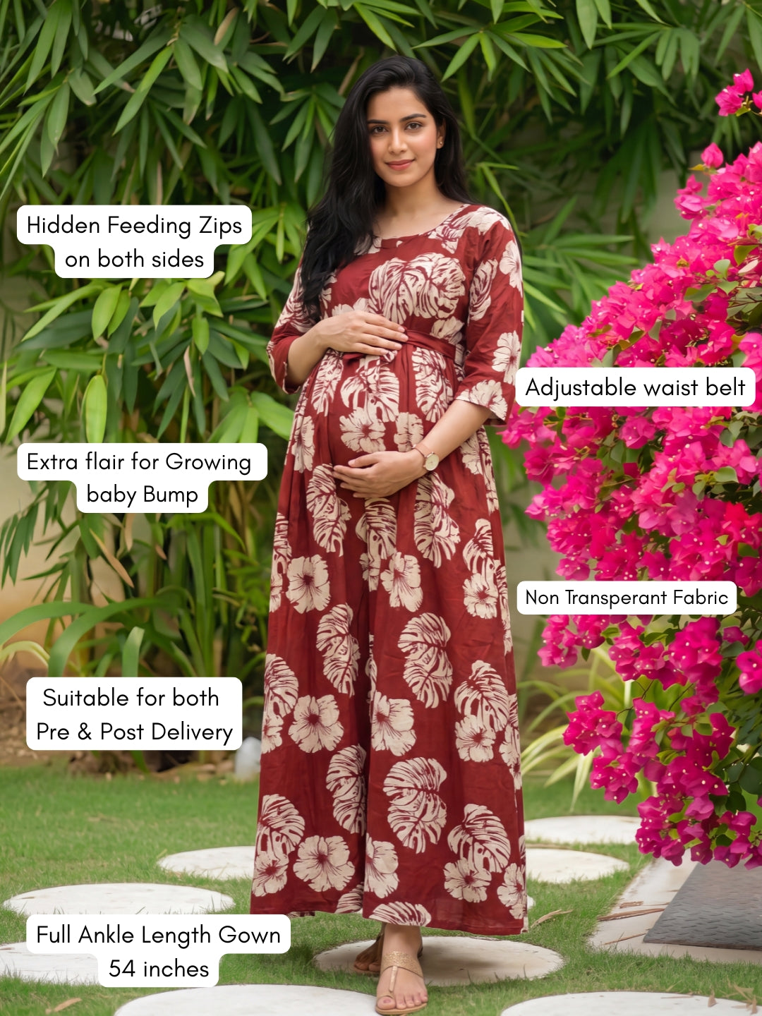 Swiss Cheese - Maroon - Maternity Dress with Feeding Zips - Pure Cotton