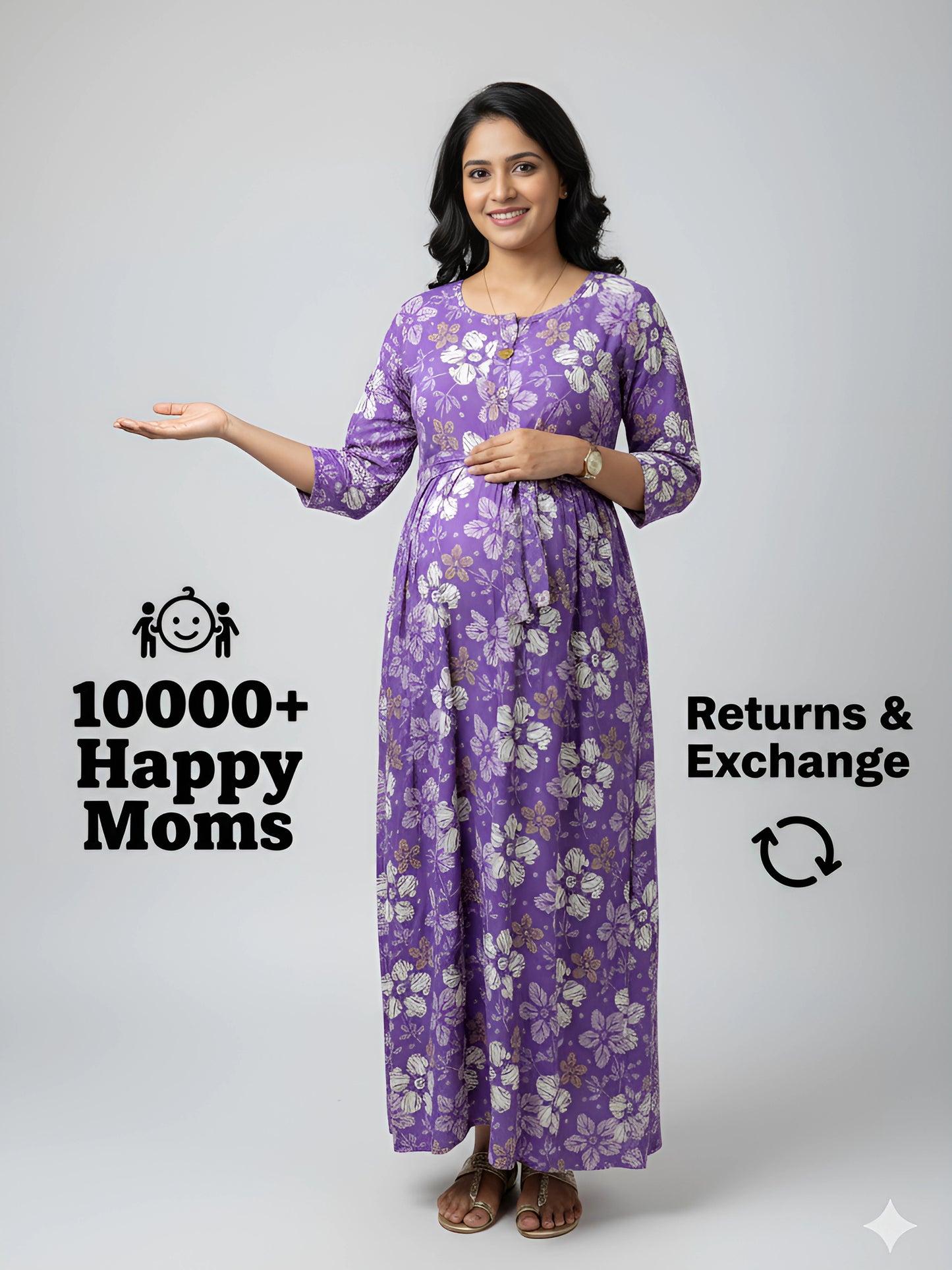 Purple Daisies - Maternity Kurti with Feeding Zips - Soft Rayon
