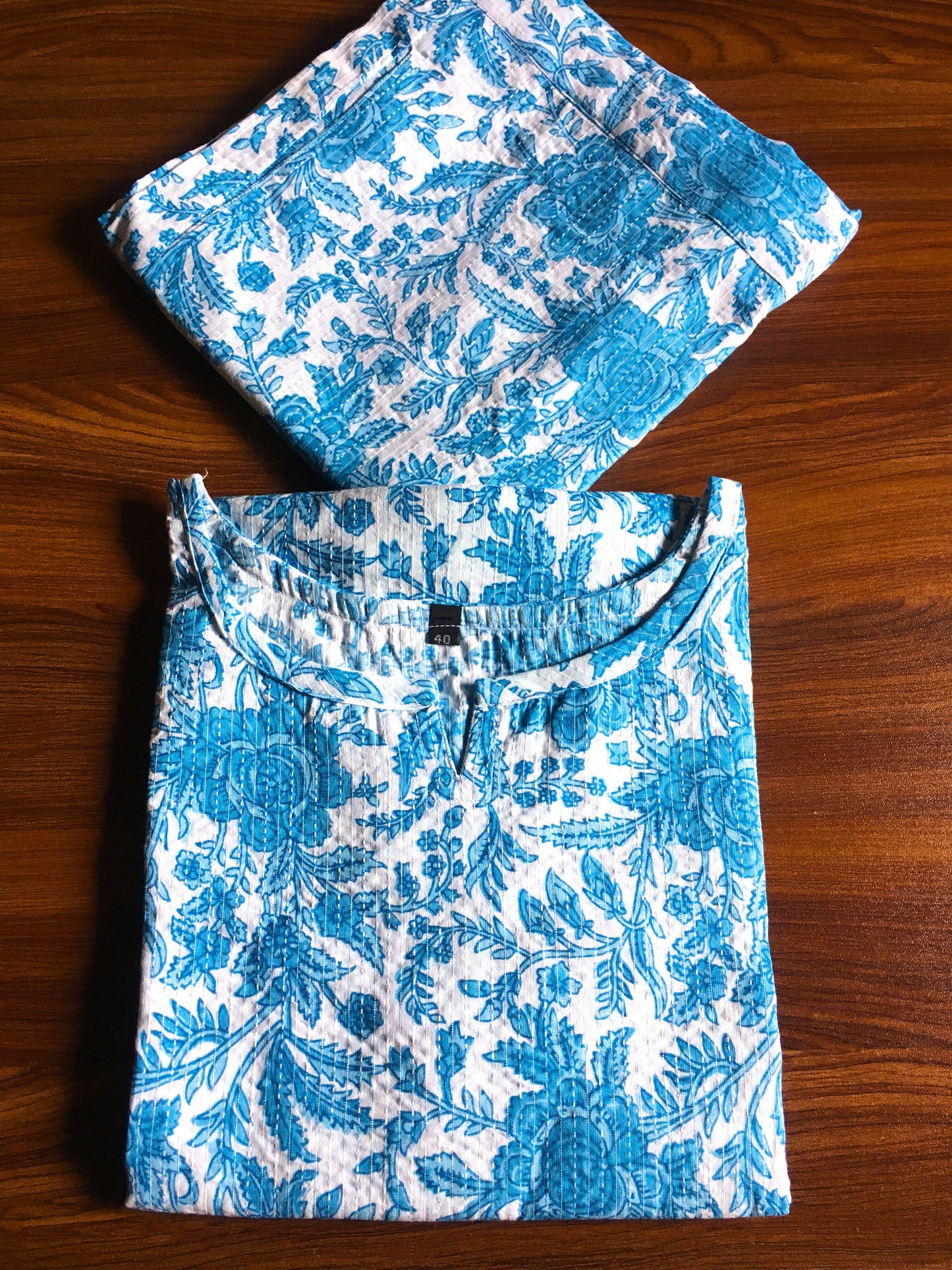 Katha Work - Blue White Flower - Cord Set - Pure Cotton