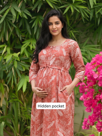 Tropical Forrest - Peach - Maternity Dress with Feeding Zips - Soft Rayon
