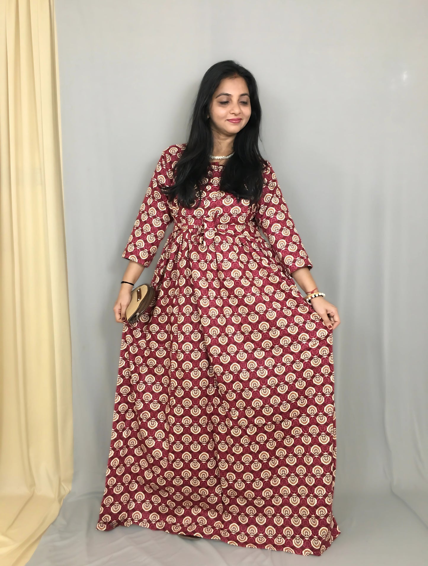 Sunflower - Wine - Maternity Kurti with Feeding Zips - Cotton Flex - Thicker Fabric