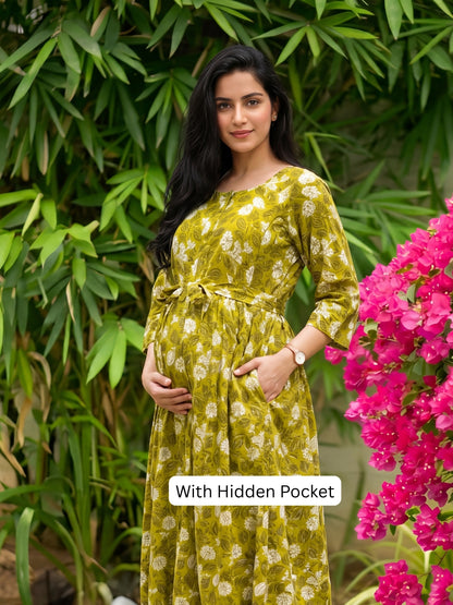 White Flower - Mustard - Maternity Kurti with Feeding Zips - Soft Rayon