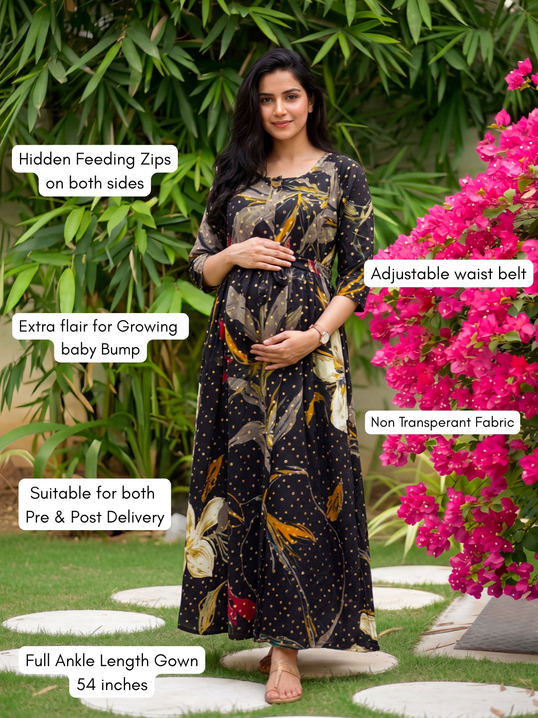 Nerium Flower - Black - Maternity Kurti with Feeding Zips - Soft Rayon