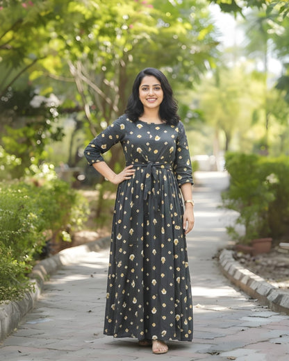 Grey White Mushroom Flower - Maternity Kurti with Feeding Zips - Soft Rayon