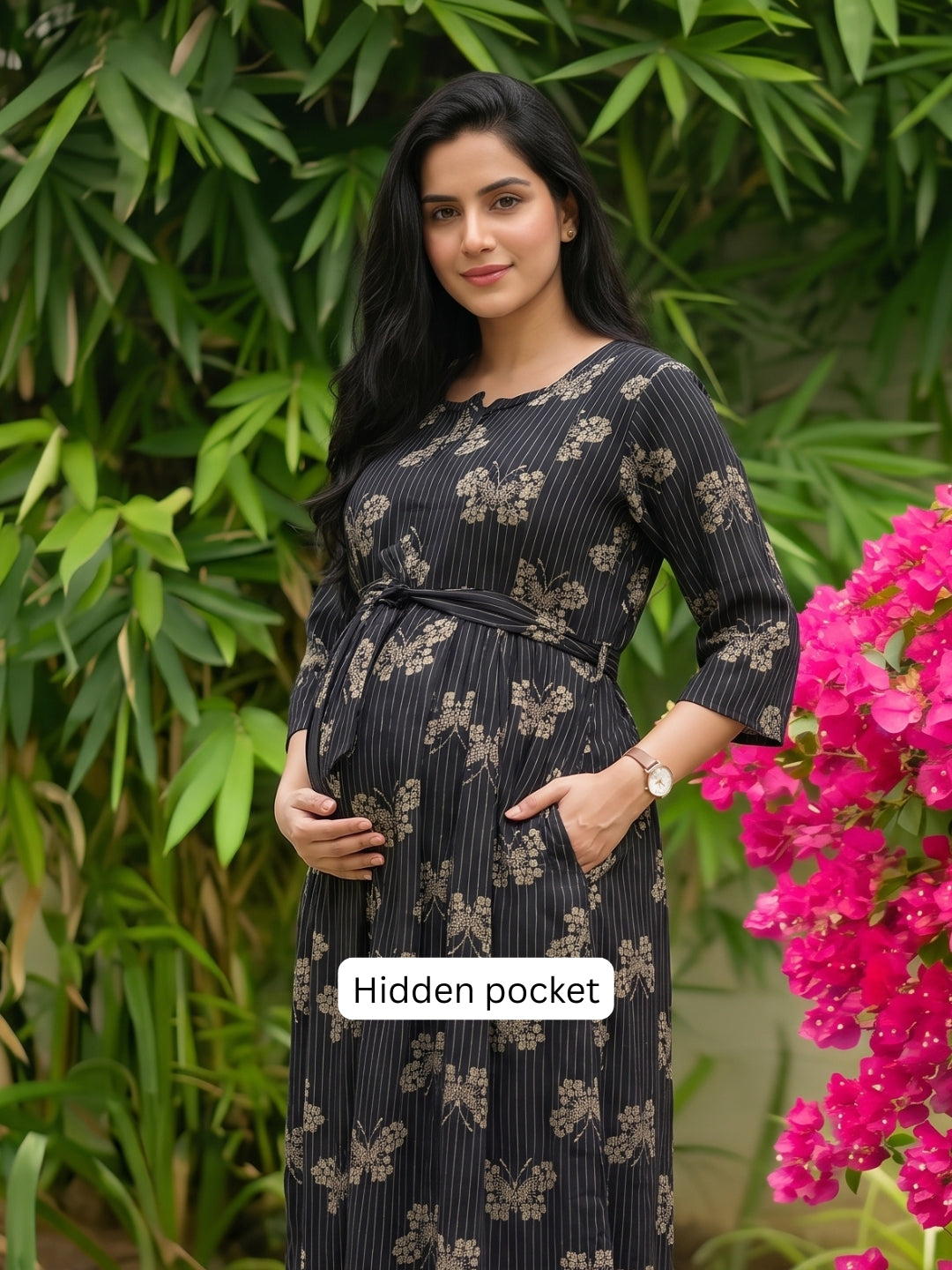 Black Butterfly - Maternity Dress with Feeding Zips - Soft Rayon