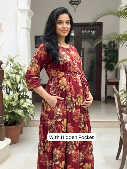 Gold & Cream Flower - Maroon - Maternity Kurti with Feeding Zips - Soft Rayon
