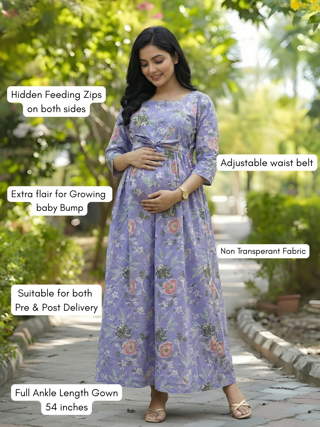Lavander Green Flower - Maternity Kurti with Feeding Zips - Cambric Cotton