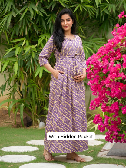 Stripes - Lavander - Maternity Kurti with Feeding Zips - Soft Rayon