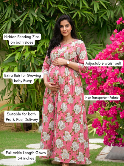 Exotic Pink - Maternity Dress with Feeding Zips - Pure Cotton