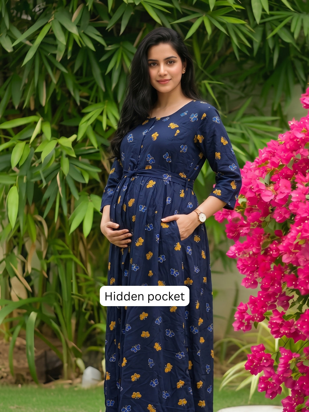 Blue Butterfly - Maternity Dress with Feeding Zips - Soft Rayon