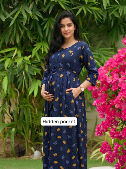 Blue Butterfly - Maternity Dress with Feeding Zips - Soft Rayon