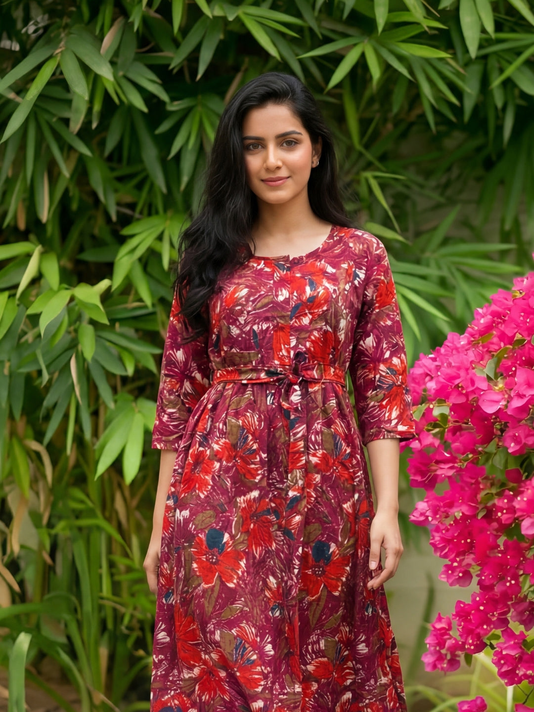 Floral - Wine - Maternity Kurti with Feeding Zips - Soft Rayon