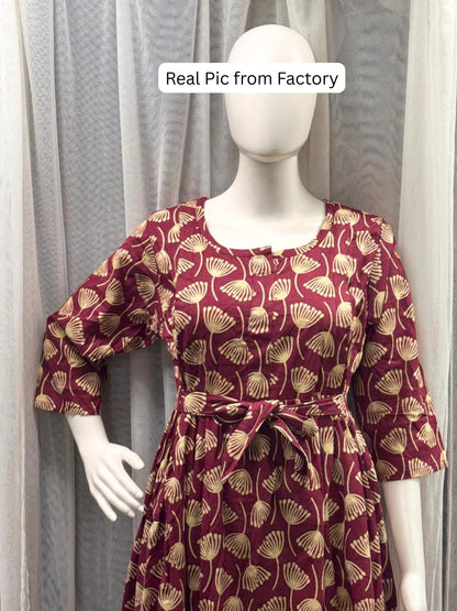 Senna Flower - Maroon - Maternity Kurti with Feeding Zips - Cotton Flex - Thicker Fabric