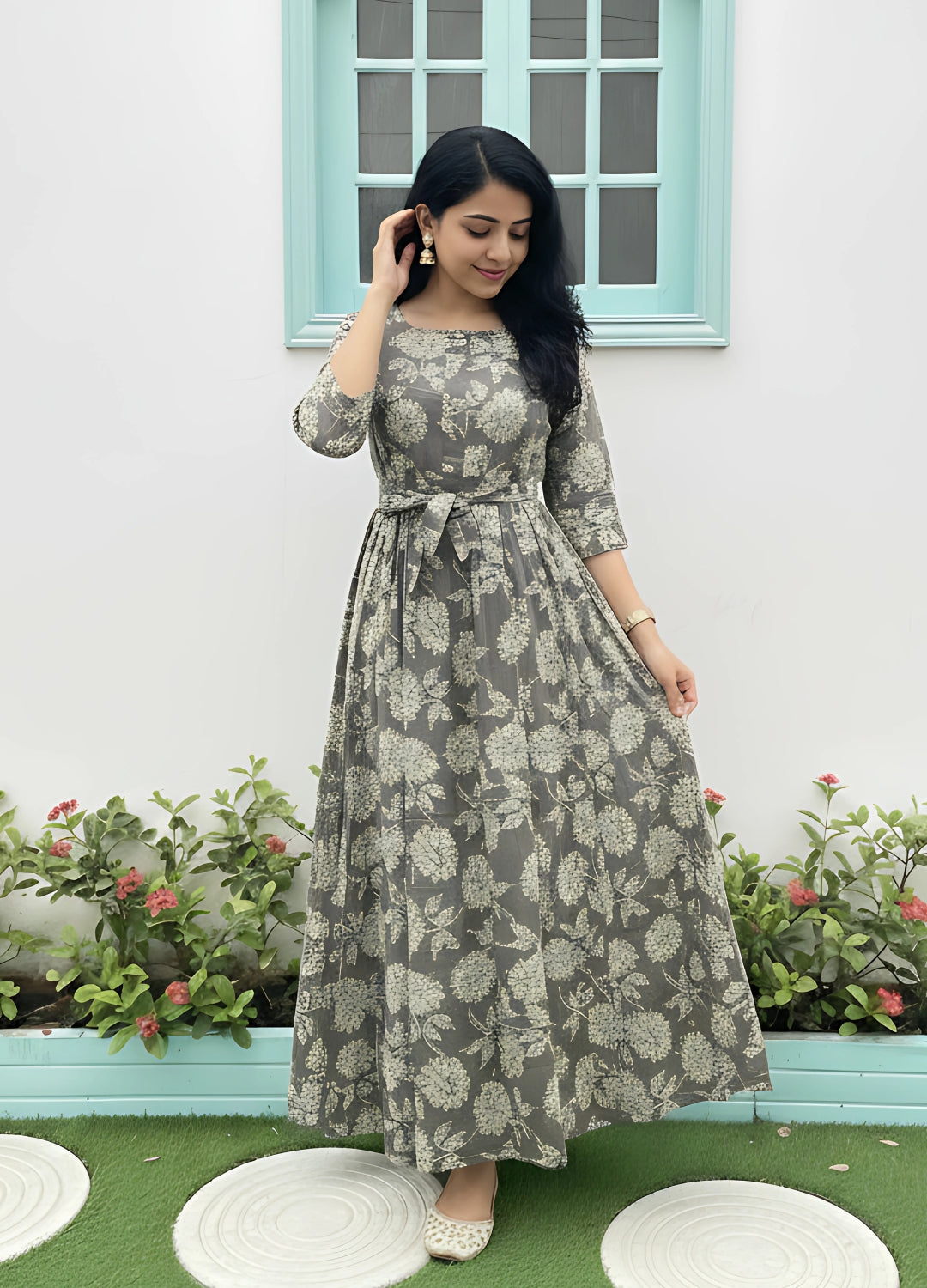 White Grey Flower - Maternity Kurti with Feeding Zips - Soft Rayon