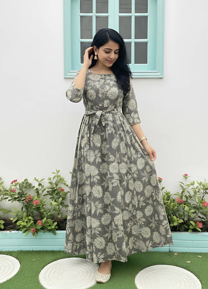 White Grey Flower - Maternity Kurti with Feeding Zips - Soft Rayon