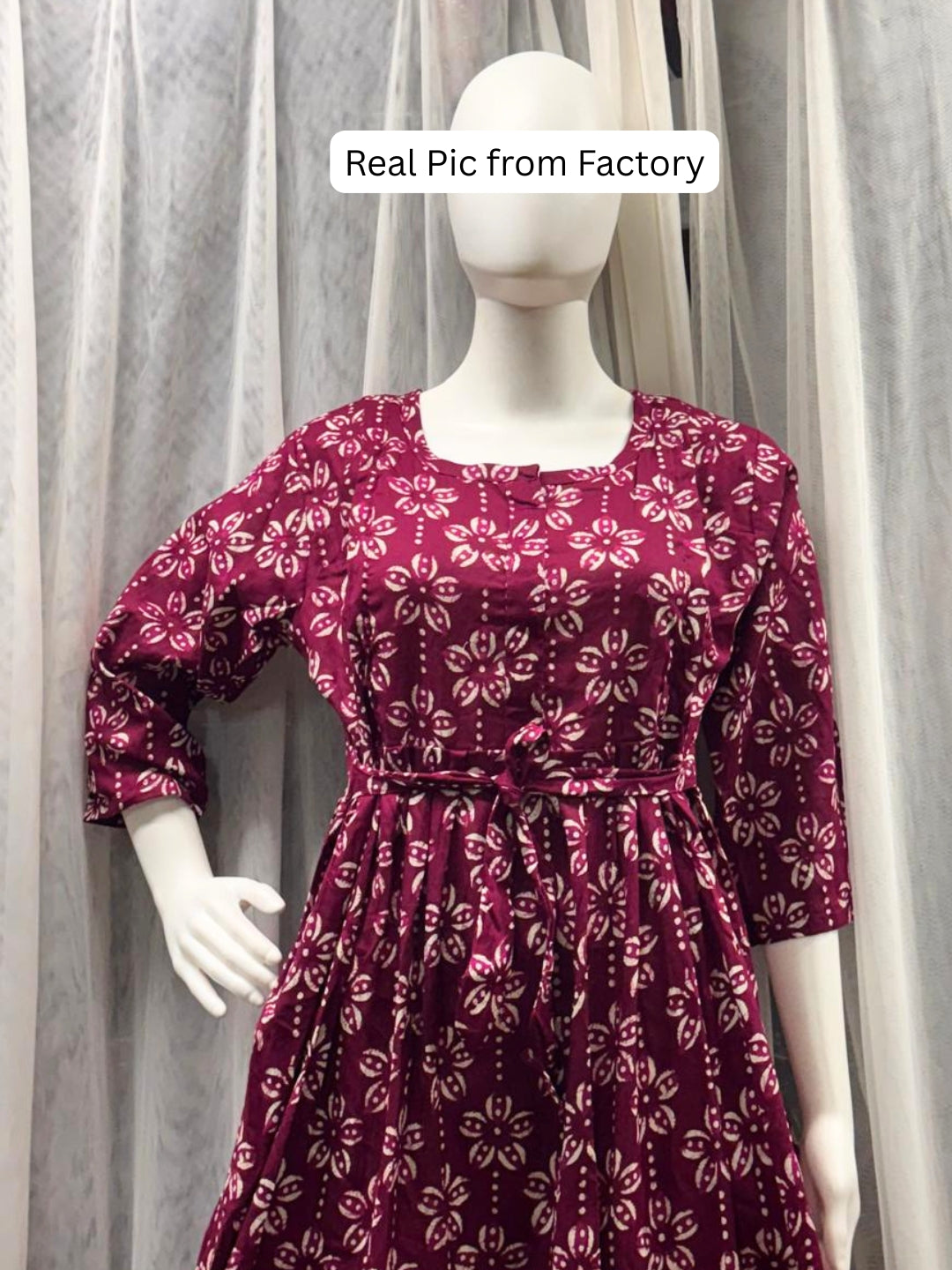 Iris Flower  - Wine - Maternity Kurti with Feeding Zips - Cotton Flex - Thicker Fabric