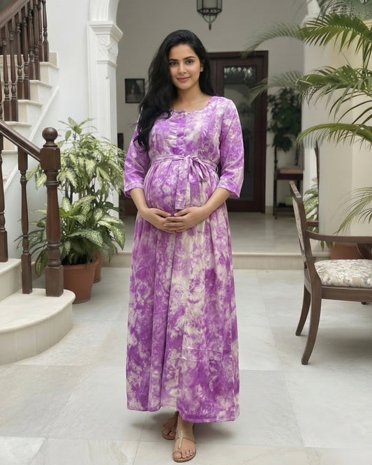 Tie Dye - Purple - Maternity Kurti with Feeding Zips - Soft Rayon