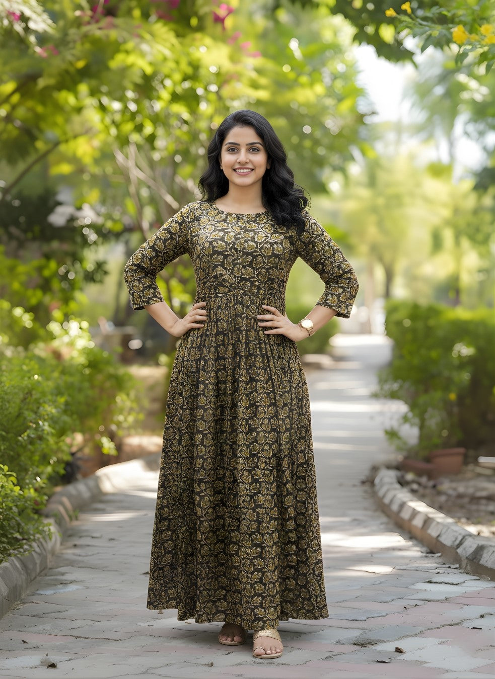 Tulip Flower - Brown - Maternity Kurti with Feeding Zips - Cotton Flex - Thicker Fabric